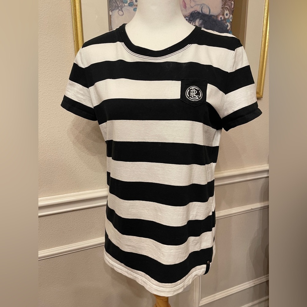 L-RL Lauren Ralph Lauren Active 100% Cotton B/W Striped Crewneck Tee | Size L